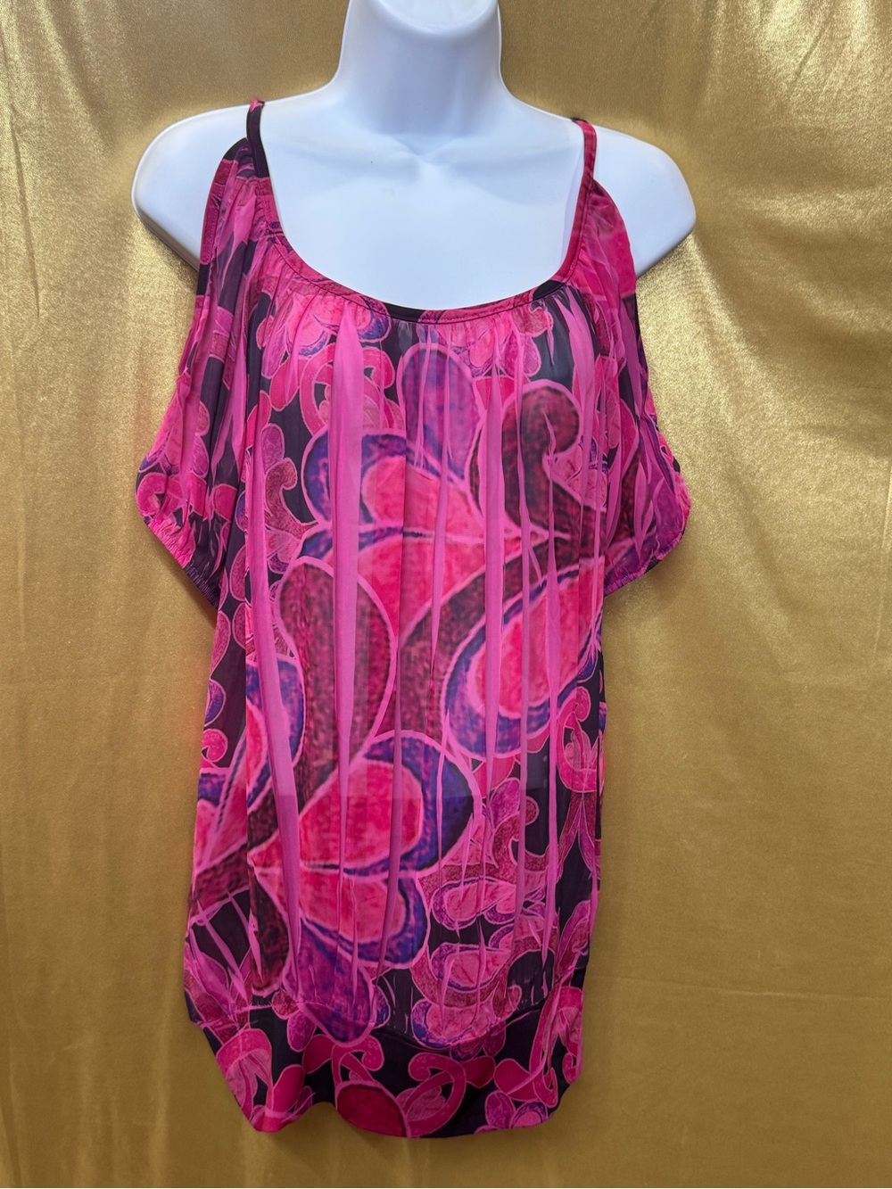Body Central Cold Shoulder Blouse Pink Purple Abstract Sheer Overlay Medium